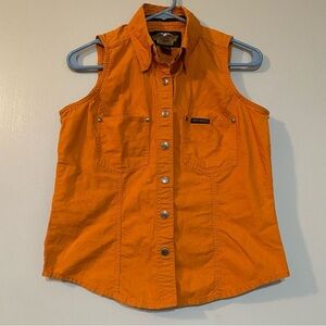 Harley Davidson Moto Sleeveless Orange Button Down Shirt Size Small